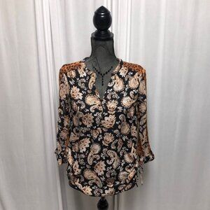 Roz & Ali Paisley Leopard Print Blouse Womens Size XS Brown Black Boho Top NEW